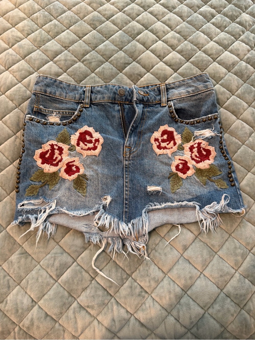 Free People Blue Embroidered Denim Skirt with Red Floral Detail